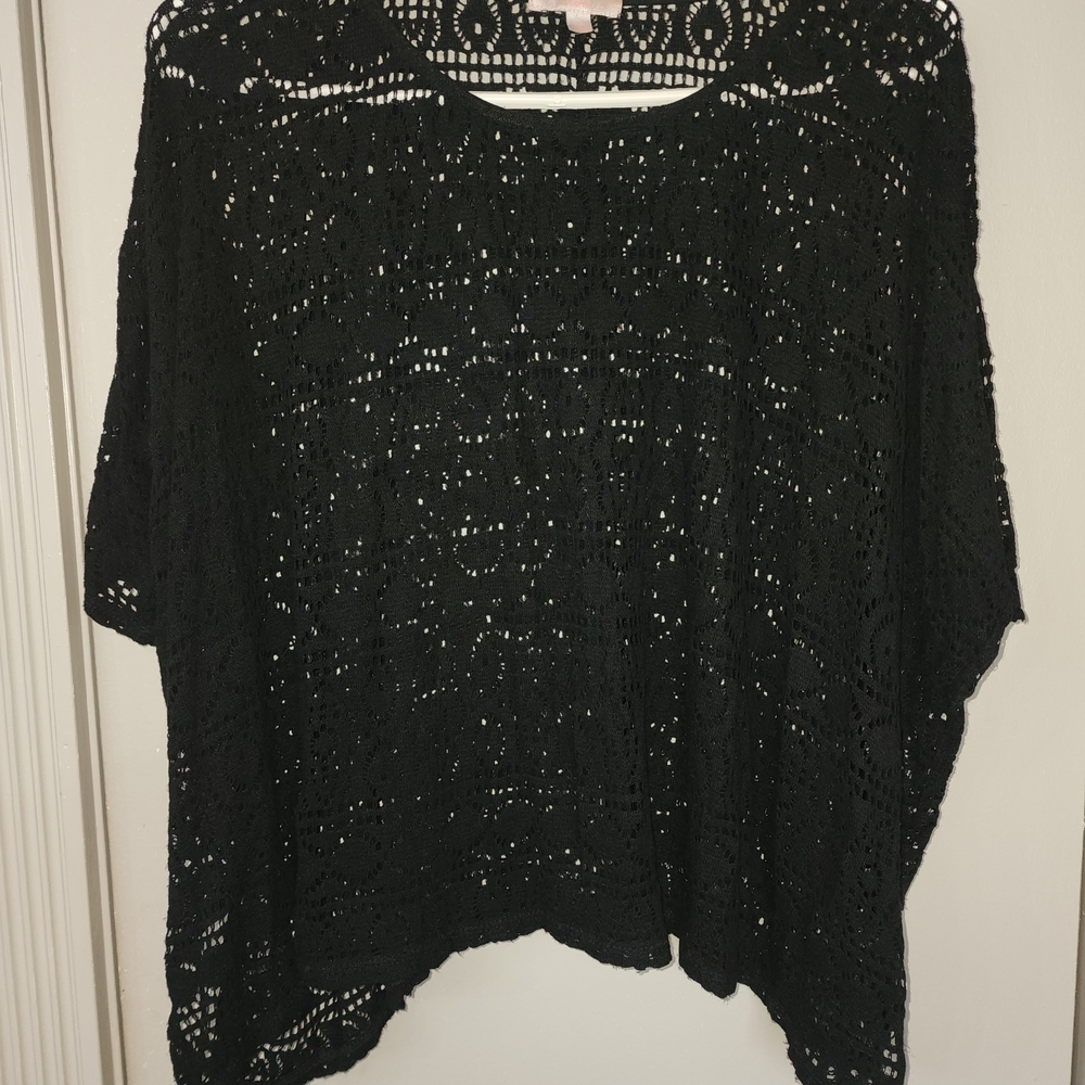 Black Crochet Open Knit Poncho Sweater